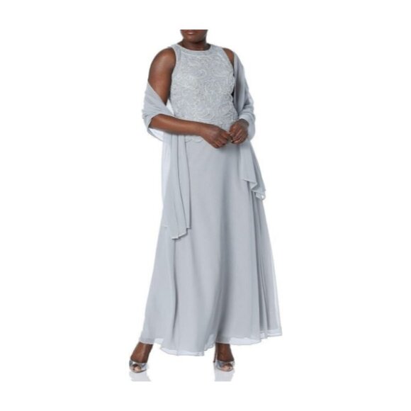 **J Kara** Women's Sleeveless Scallop Long Beaded Dress W/Scarf 14 NWT - Picture 1 of 8